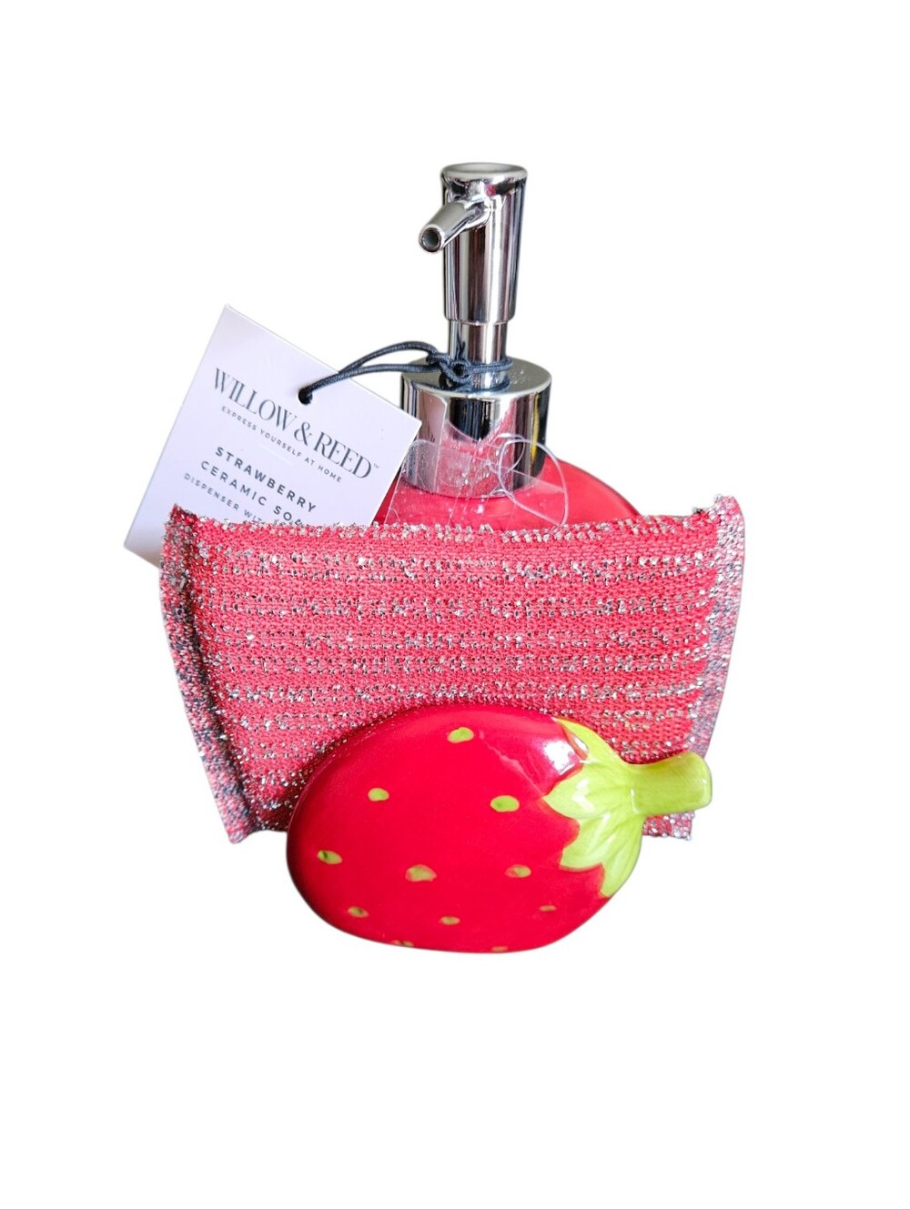 Willow & Reed Strawberry Ceramic Soap Dispenser with Dish Sponge